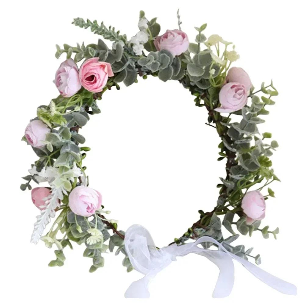 Bohemian Festival Wedding Flower Crown Photo Props Rose Green Leaf Floral Headpiece Hair Wreath Spring