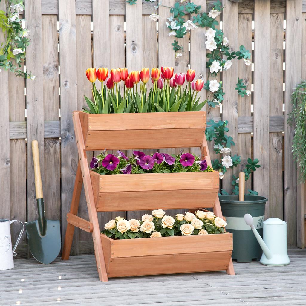 3 Tier Raised Garden Bed Wooden Elevated Planter Box Kit 66L For Flower Vegetable Herb 65x75x78cm Brown