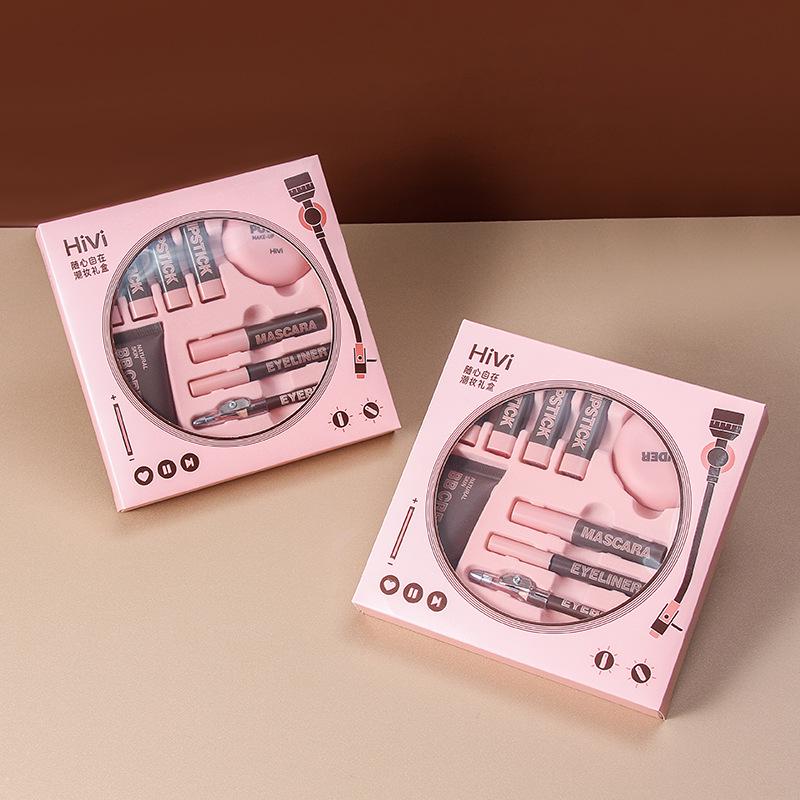 Hivi Cosmetic Gift Set: 9-Piece Makeup Kit with Lipstick, BB Cream, Powder, Mascara, Eyeliner, and Brow Pencil V107A.