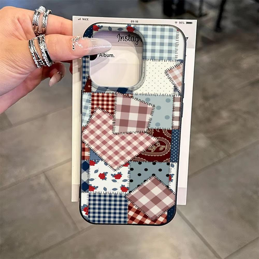 Lychee Grain Phone Case For iPhone 17 17Air 16 15 14 13 12 11 Pro Max 16 Plus Grid Pattern Splicing Fabric Silicone Cover Funda