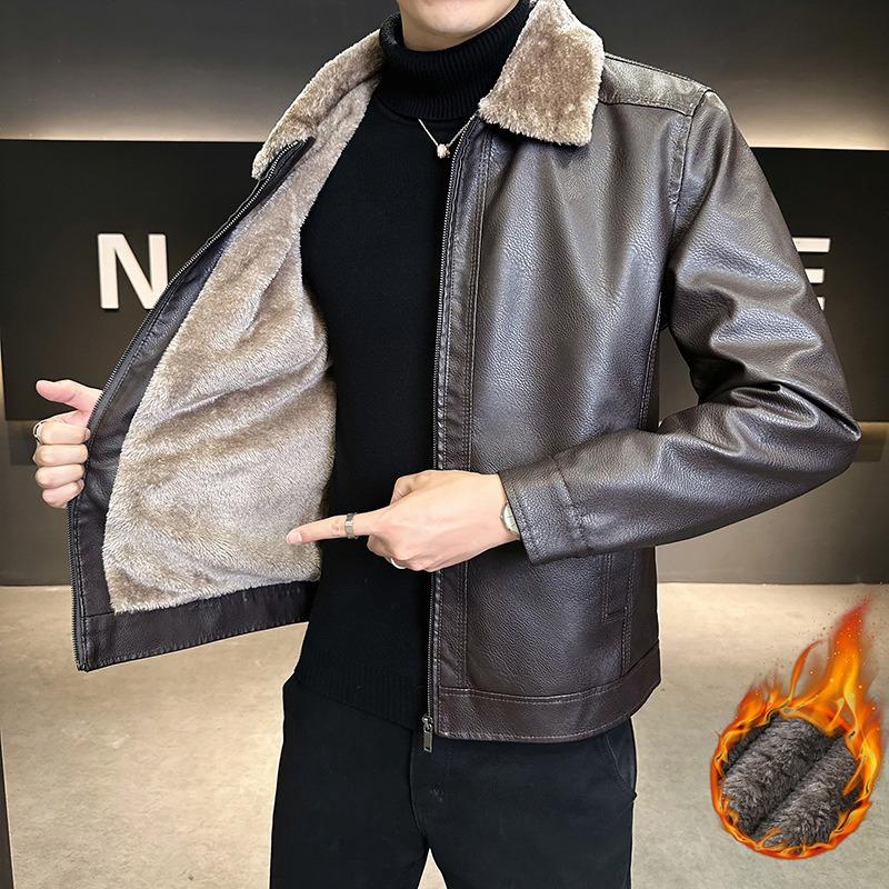 Thickened Fleece Leather Jacket Leather Men's Leather Jacket Autumn and Winter Locomotive Clothing Casual Loose Lapel Jacket Men