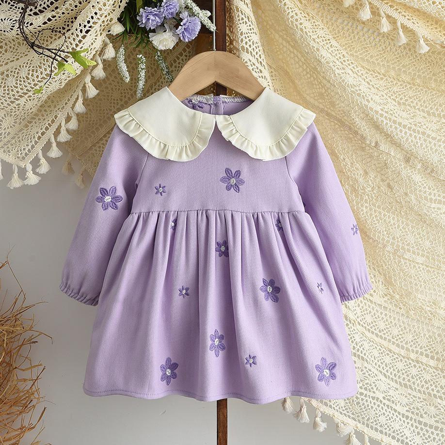 

Платье для маленьких девочек с цветочной вышивкой, отложным воротником, длинными рукавами, весенне-осенний стиль 6-9 Months фиолетовый