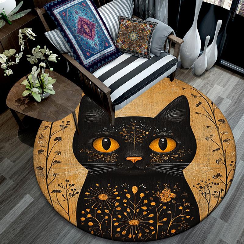 Golden Framed Black Cat Round Area Rug,Carpet Rug for Living Room Bedroom Sofa Playroom Decor,Non-slip Floor Mat