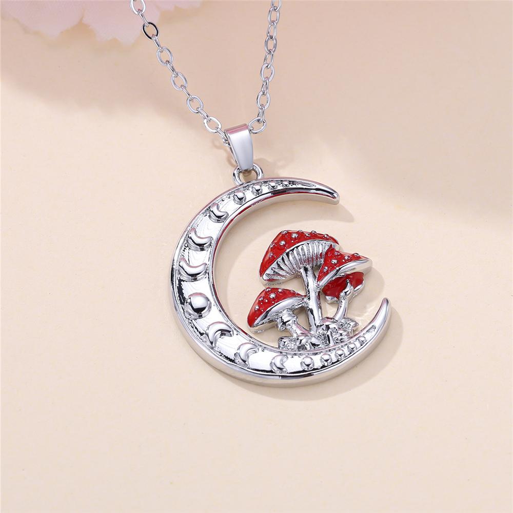Female Red Enamel Moon Mushroom Pendant Necklace Vintage Silver Color Wedding Jewelry For Women