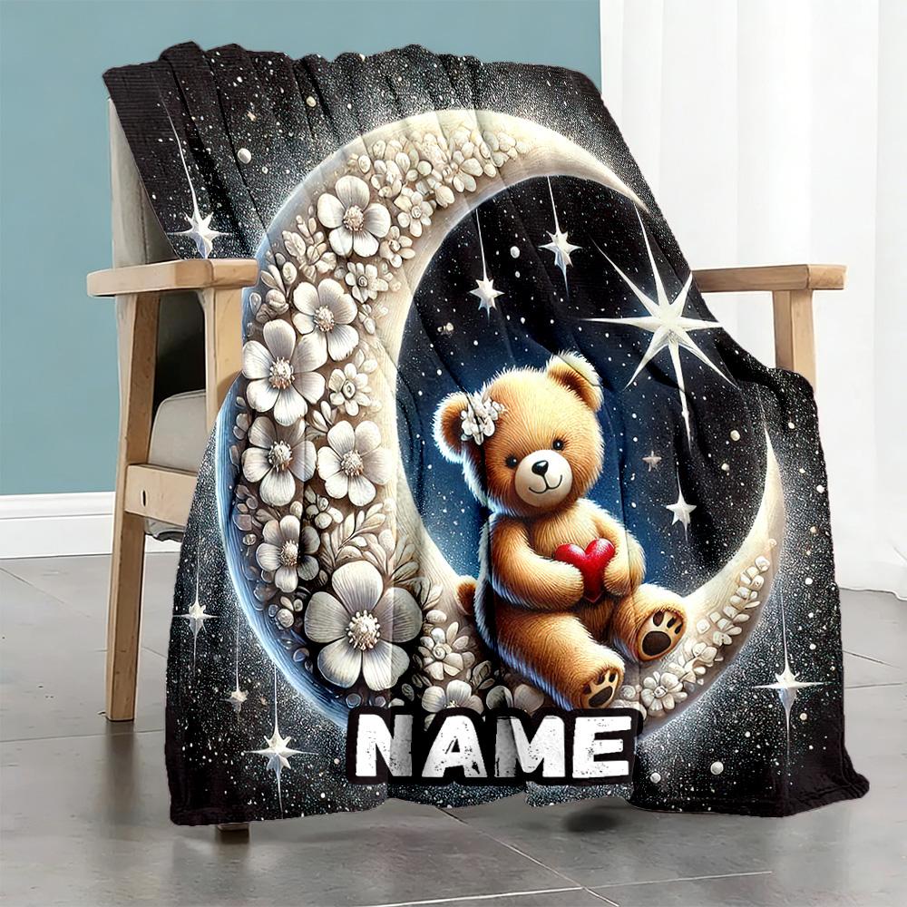 Moon Flower Bear Personalized Text Blanket Multi-purpose Personalized Blanket Comfortable Perfect for Seaside Livingroom Sofa Picnics All-Season Use