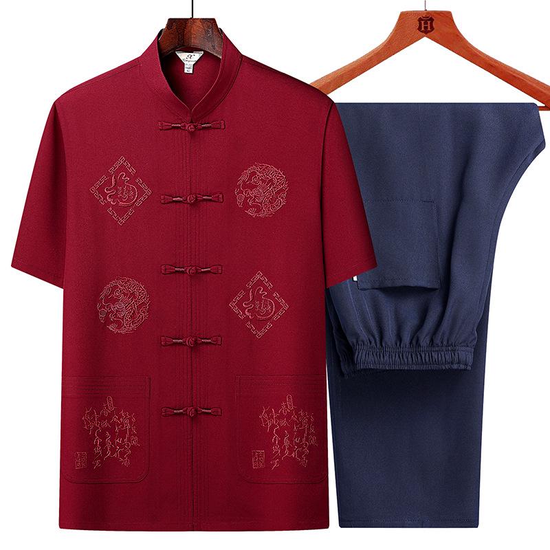 Men's Summer Short-Sleeved Shirt Set - Middle-Aged & Elderly Dad Tang Suit Style