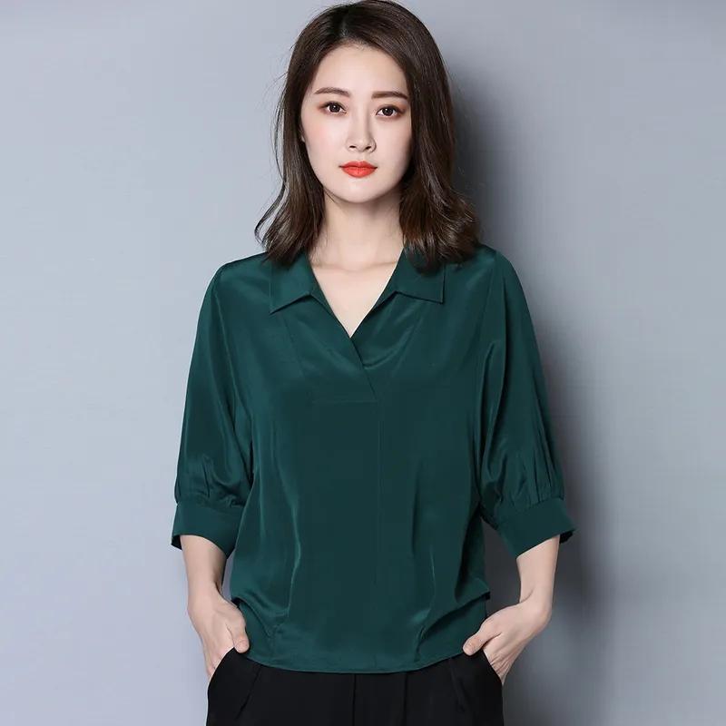 

Летняя свободная женская рубашка большого размера из искусственного шелка со средним рукавом, сплошной цвет, рукав «летучая мышь», с v-образным вырезом, простая блузка, повседневные универсальные пуловеры, рубашки, блузки S зелёный