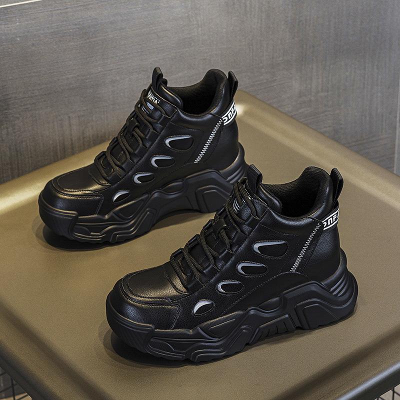 100% Genuine Leather Shoes Women Fashion Sneakers High top Brand Ladies Height Increasing Shoes 7cm Pure Black Blue