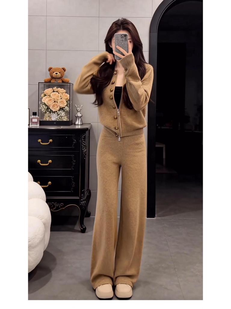 Korean Retro Knit Zipper Cardigan & Straight-Leg Pants Autumn/Winter Set