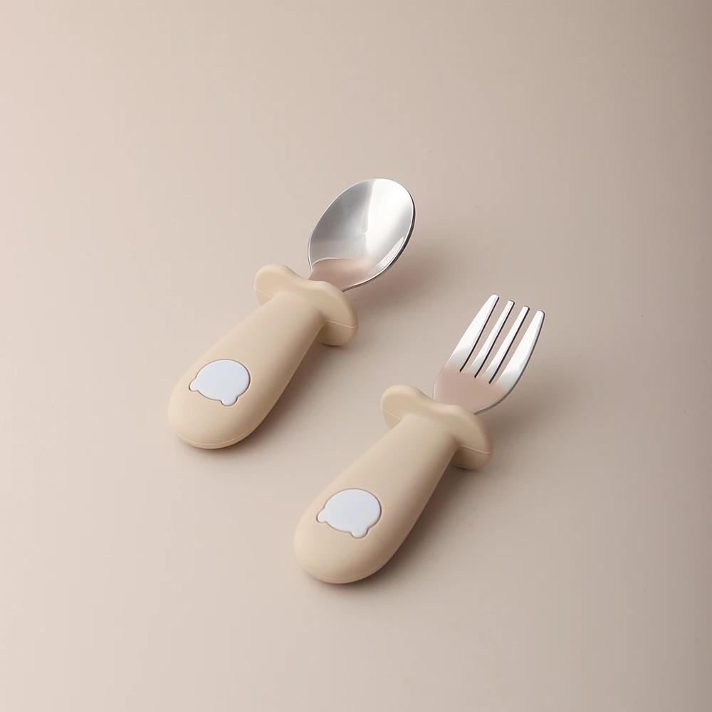 Juego de tenedor и cuchara de comida para bebe, без BPA, силиконовое манго, oso de dibujos animados, vajilla de acero, неокисляемые белый