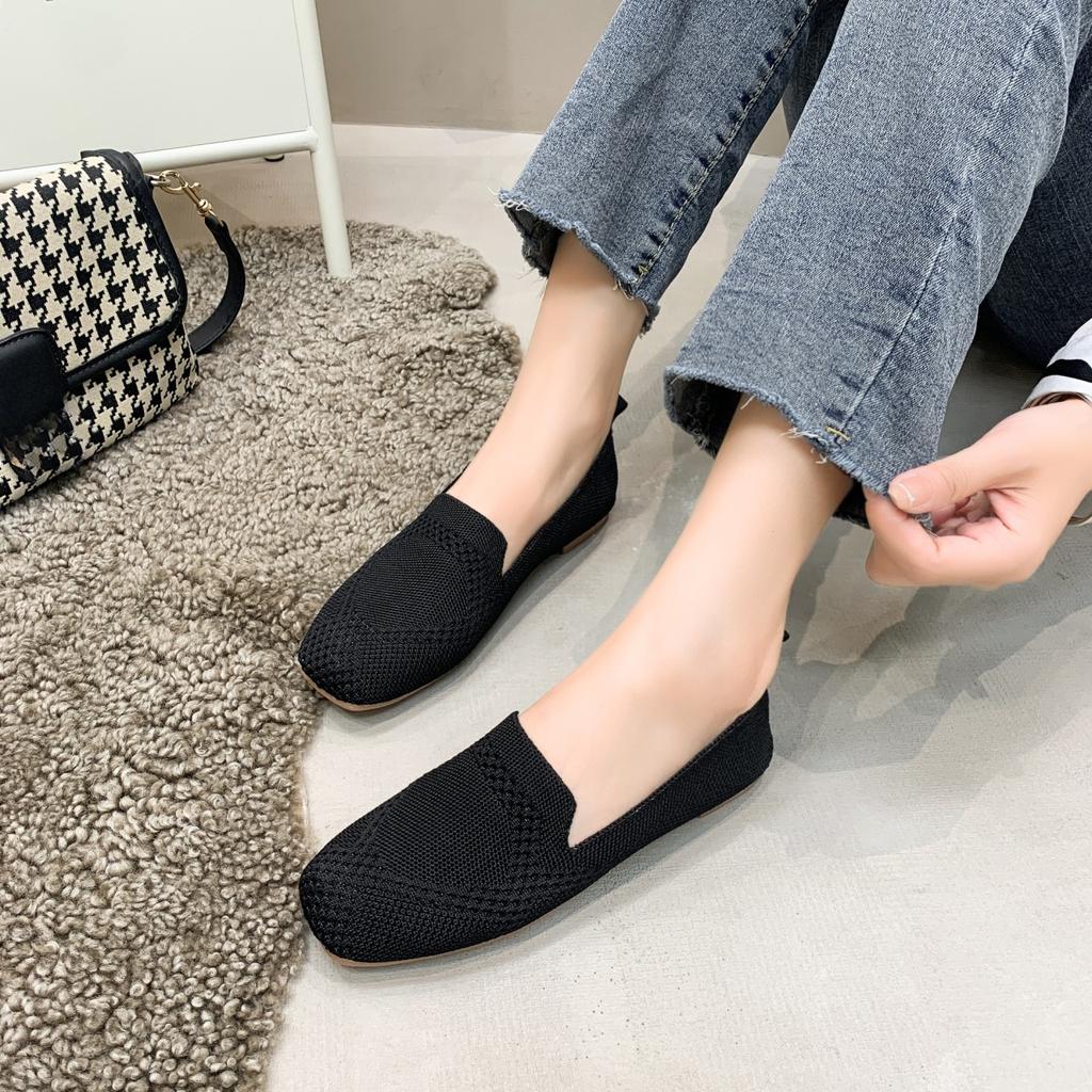 2024 Solid Color Square Toe Mesh Loafers Shallow Women Flats Shoes Soft Bottom Knit Ballet Flats Shoes Casual Slip On Boat Shoes