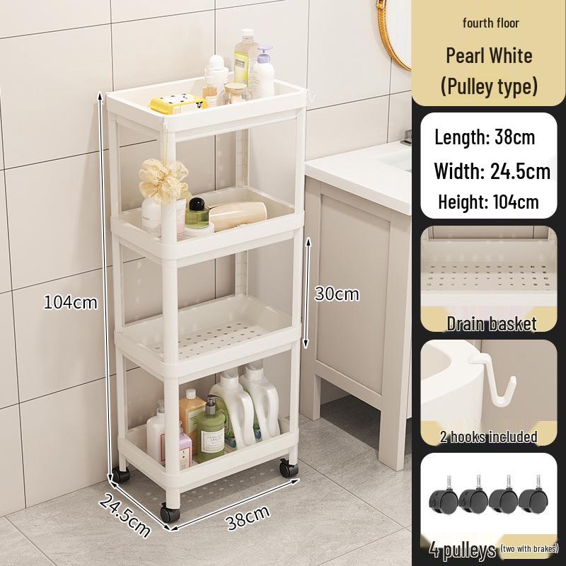 Vícepatrový koupelnový úložný vozík na kosmetiku a svačiny, stojící na podlaze