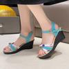 Sandals Summer New Women's Sandals Women's Wedge Heel High Heel Printed Fish Mouth One-word Buckle Shoes