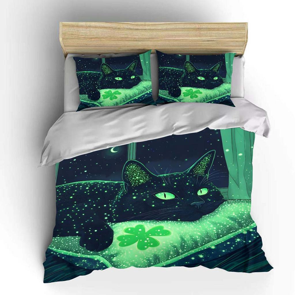 Glowing Green Cat By Window Bedding Set For Kids Luxury Gift 3Pcs Digital Print Comforter Set Soft Comfortable Breathable