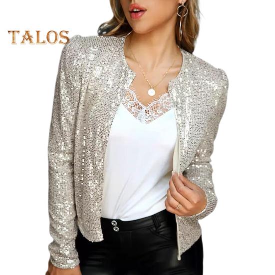 Frühling Herbst Dame Mantel Pailletten Schneiden Lange Ärmeln Offenen Stich Strickjacke Club Party Leistung Kurze Art Jacke