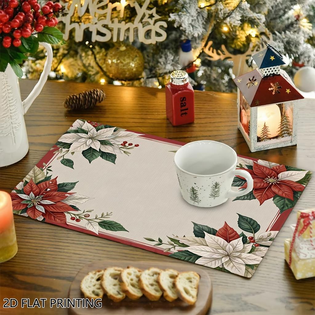 4pcs/6pcs, Christmas Poinsettia Border Table Mats, Placemats for Dining Table, Home Decoration, Suitable for Daily Holiday Kitchen Banquet Party Table