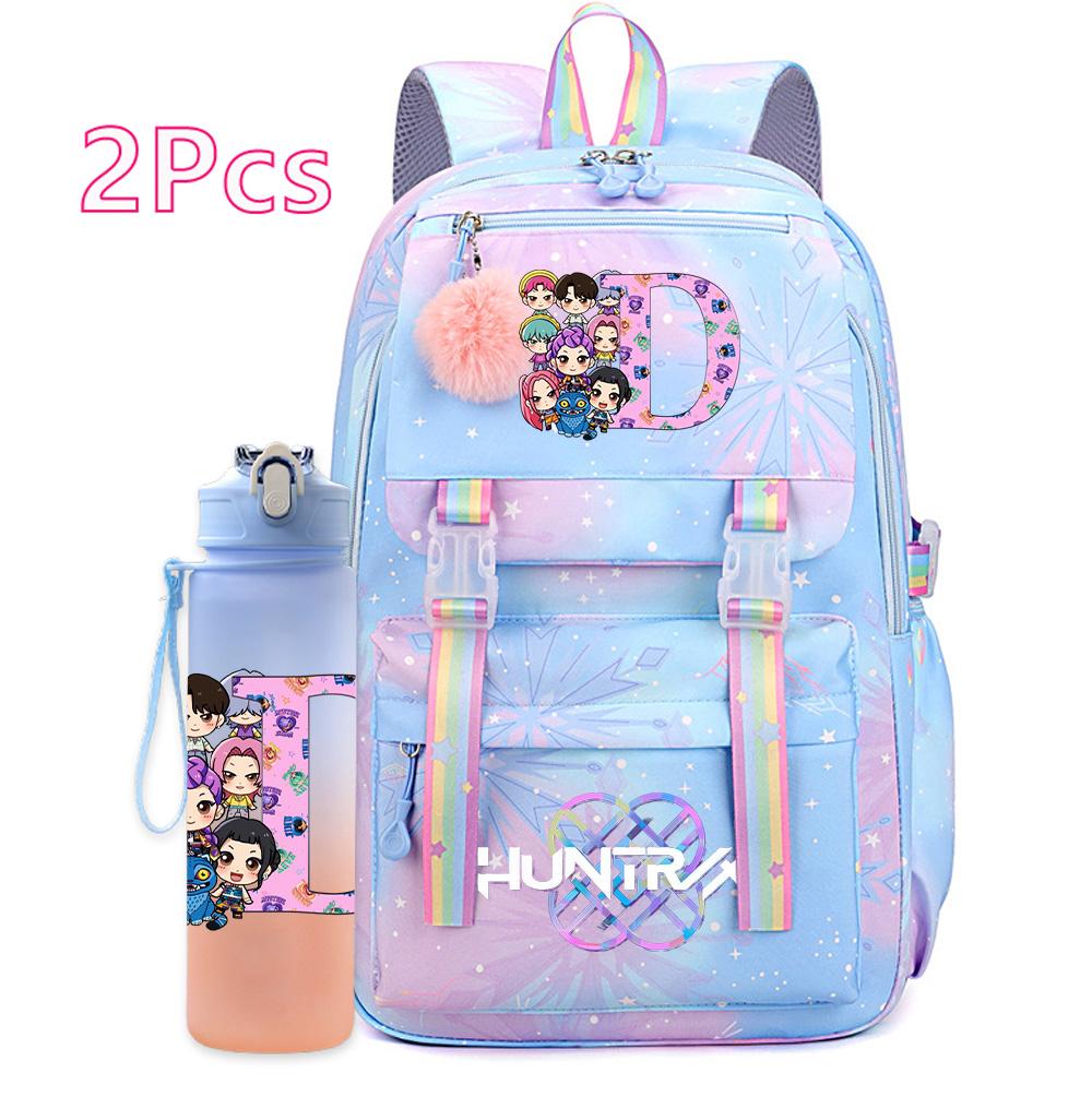 2Pcs/set K-pop Printed Backpack with 750Ml Water Bottler Large Capacity Travel Bag for Teenager Girl Boy Bookbag Kid Gift Large Capacity Bag Mochila