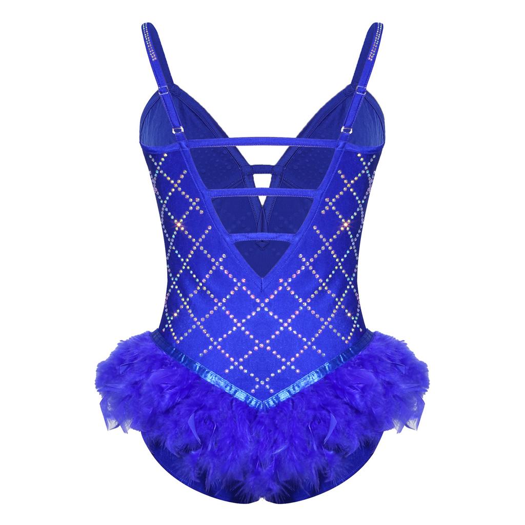 Body da Donna Scintillante con Strass e Piume Scollo a V Profonda Spalline Sottili Regolabili Body con Spalline Incrociate Schiena Scoperta per Nightclub Festa Spettacolo sul Palco