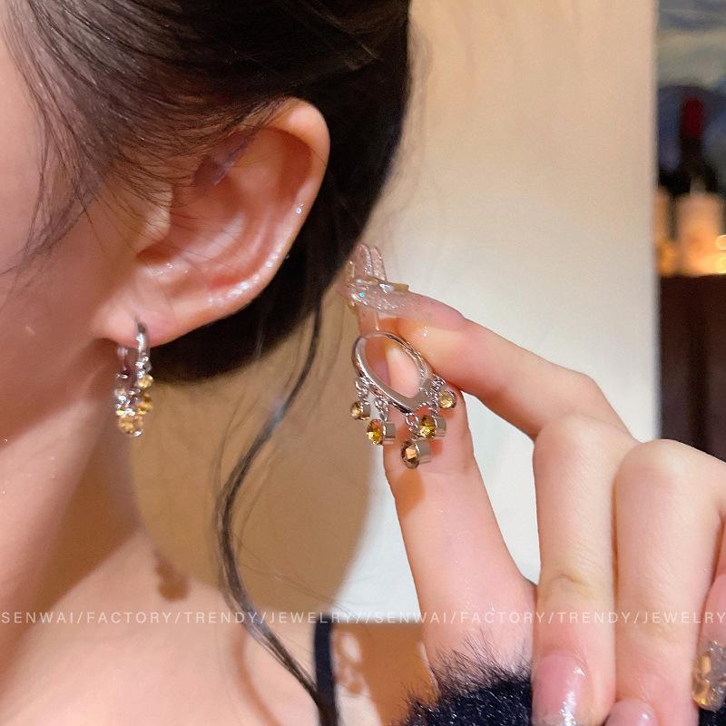 Autumn and winter retro coffee color zircon fringed earrings women s simple ear buckles exquisite earrings