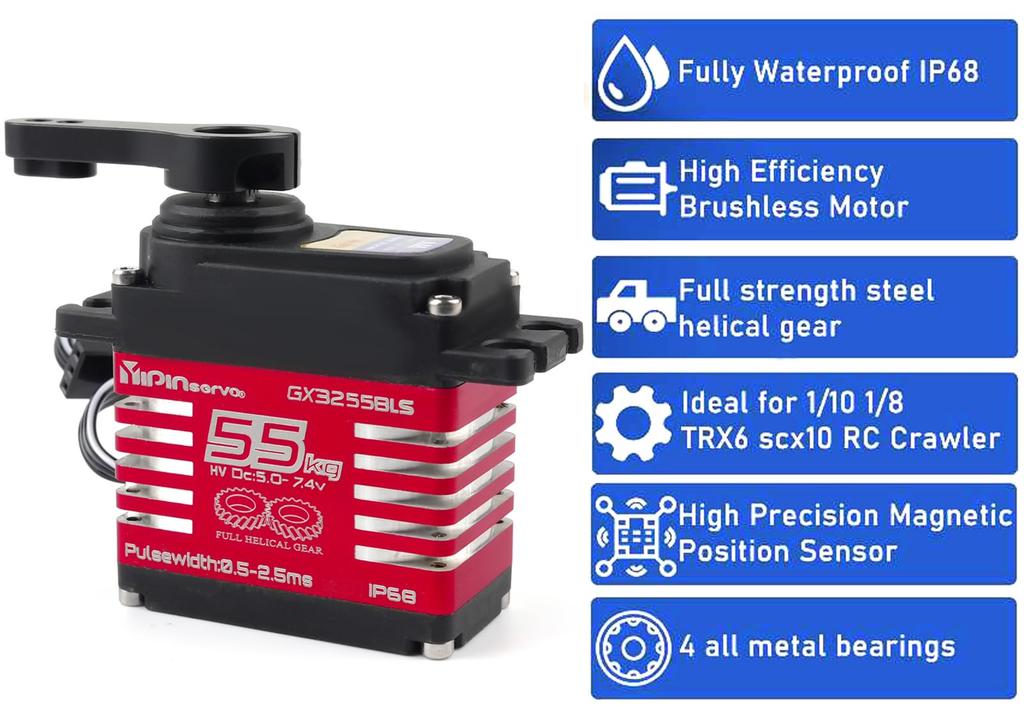 DIYmall GX3255BLS Digital Servo, 7.4V, 55KG High Torque, Full Metal Helical Gear Brushless Motor, IP68, for RC Robotic Cars (180°)