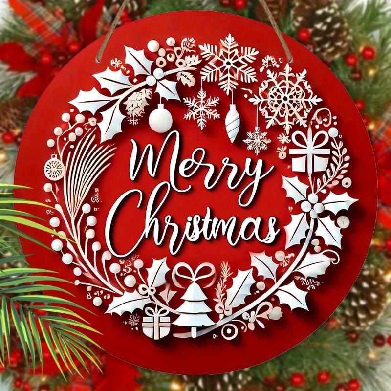 Semn de Crăciun din lemn, Semn rotund Merry Christmas pentru decor agățat pe perete sau ușă de intrare, Ornament ideal de Crăciun