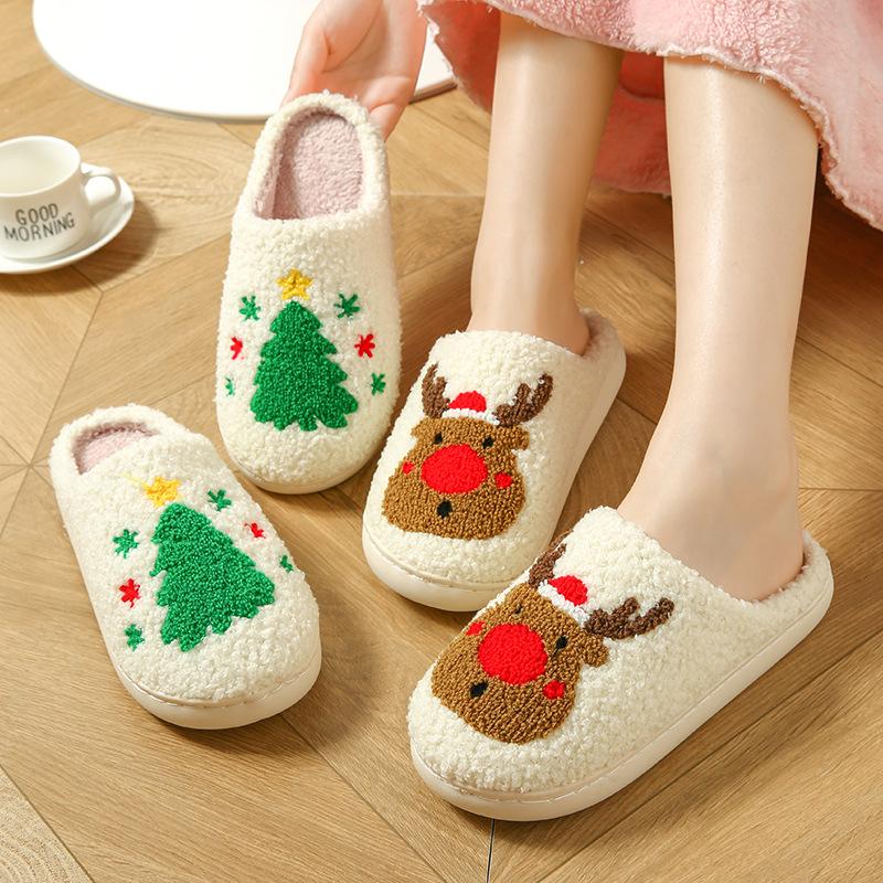2026 New Winter Christmas Tree Cartoon Cute Warm Plush Slippers for Men Women Couples Indoor House Shoes