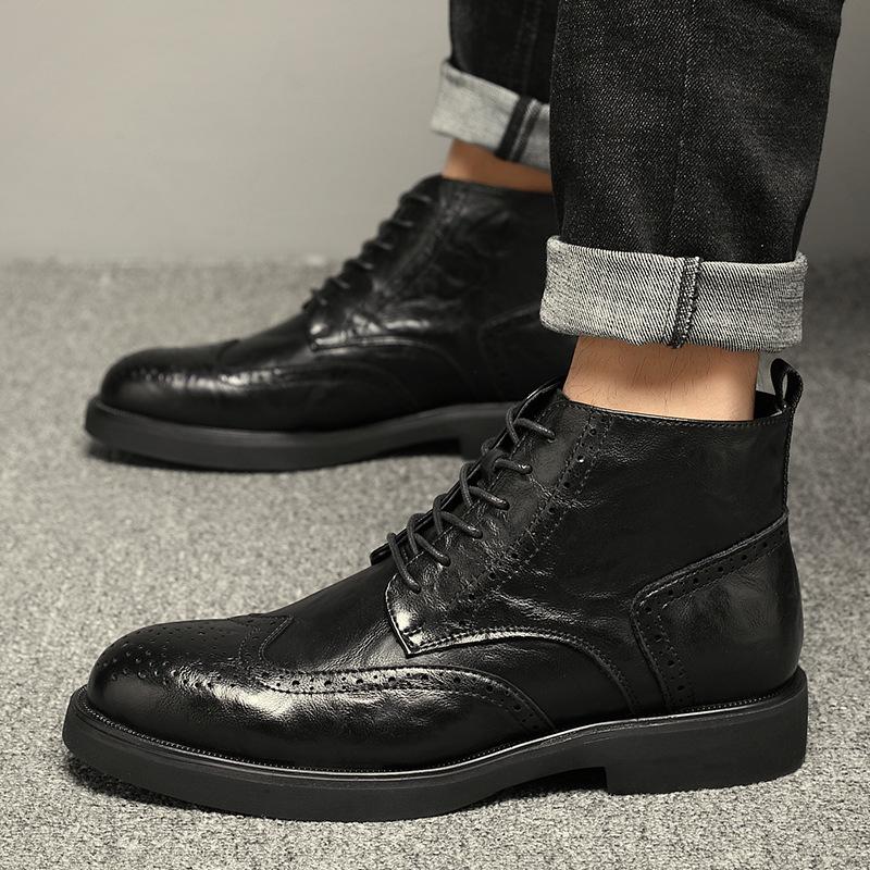 Martin Boots Men's British Style Retro Short Boots Business Dress Brock High-top Leather Shoes Winter Heightening Tooling Leather Boots