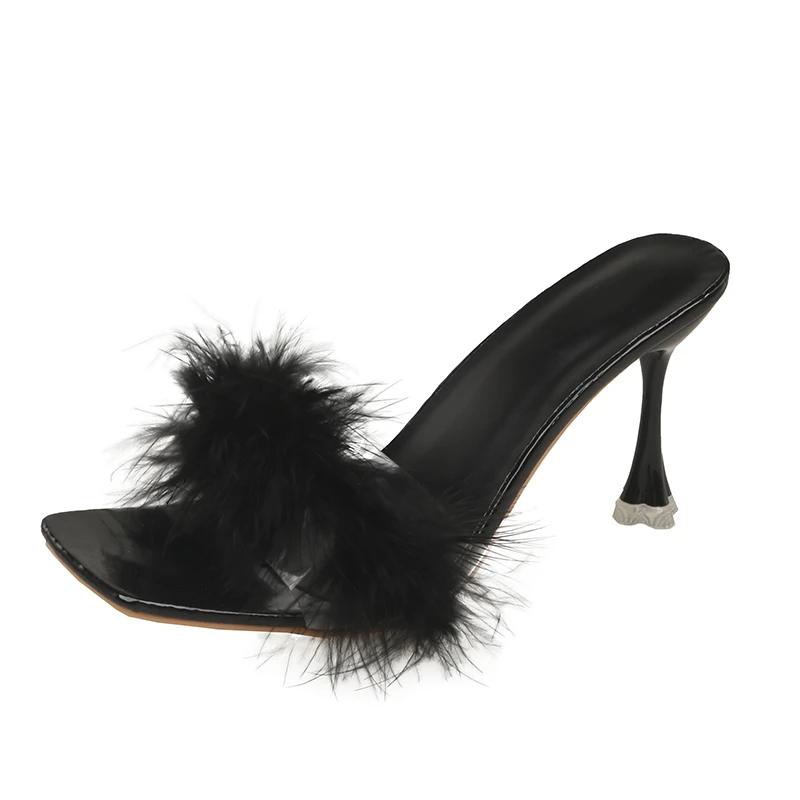 Fashion Plus Size 2025 New Women's Open Toe Slippers Square Toe Feather Thin Heels Sandals Summer Fashion Party Dress Slippers Zapatos