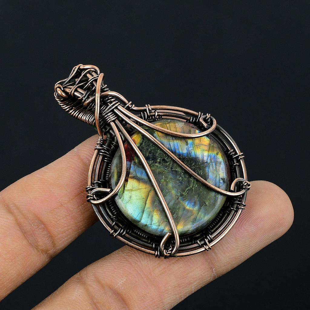 Multi Fire Labradorite Pendant Gemstone Jewelry, 999 Copper Wire Wrapped Pendant, Gift For Women Handmade Pendant