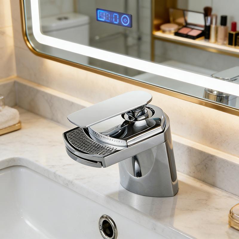 Brass Waterfall Bathroom Faucet, Single Hole Deck-Mounted Sink Faucet, Mixer Tap for Wash Basin, Hot/Cold Water, Modern Design