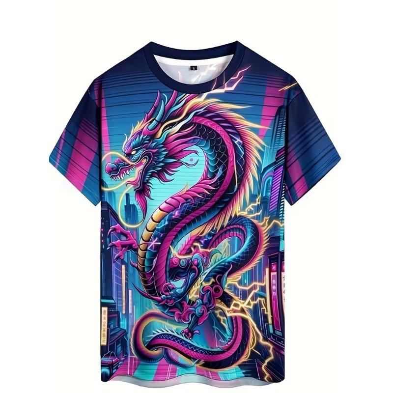 Men's 3D Digital Print Dragon Graphic T-Shirt Casual Short Sleeve Summer Round Neck Tshirts Regular Fit Oversized T Shirt Top