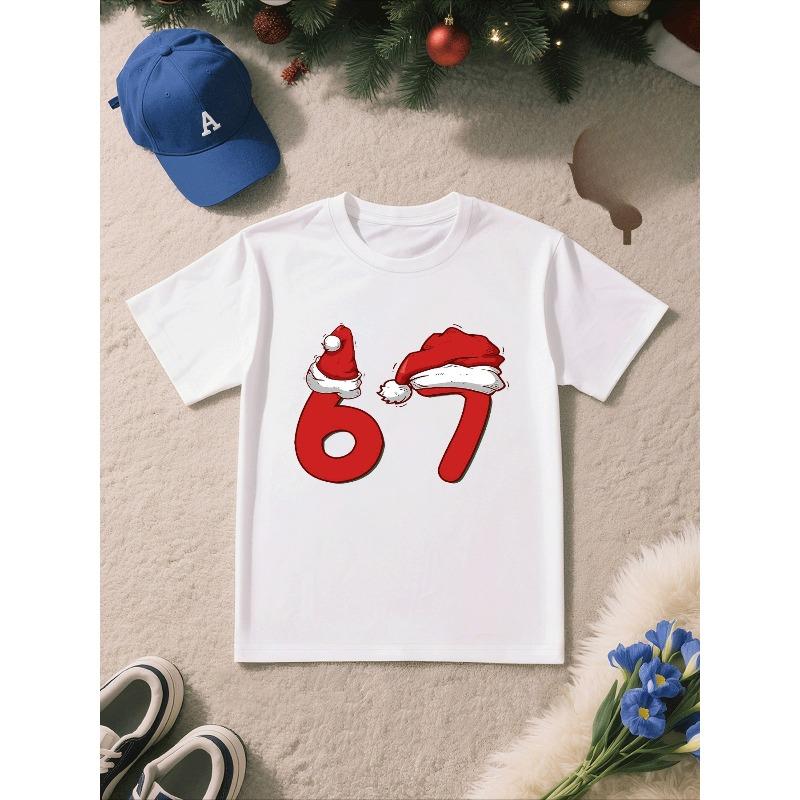 European sizes Merry Christmas! Stylish And Unique Short-Sleeve Top for Boys Featuring a '67' Pattern with Cartoon Prints