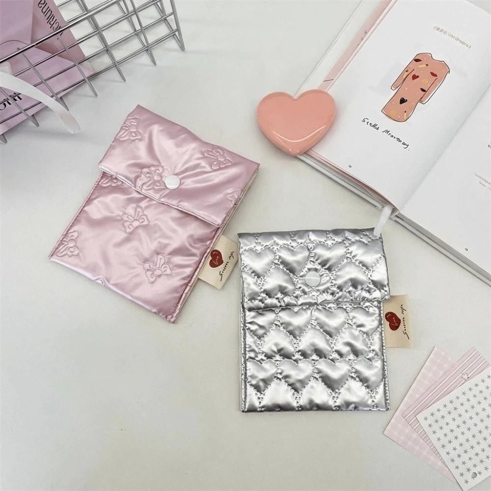 Large Capacity Sanitary Napkins Storage Bag Embossed Bow Makeup Bag Multi-Purpose Use