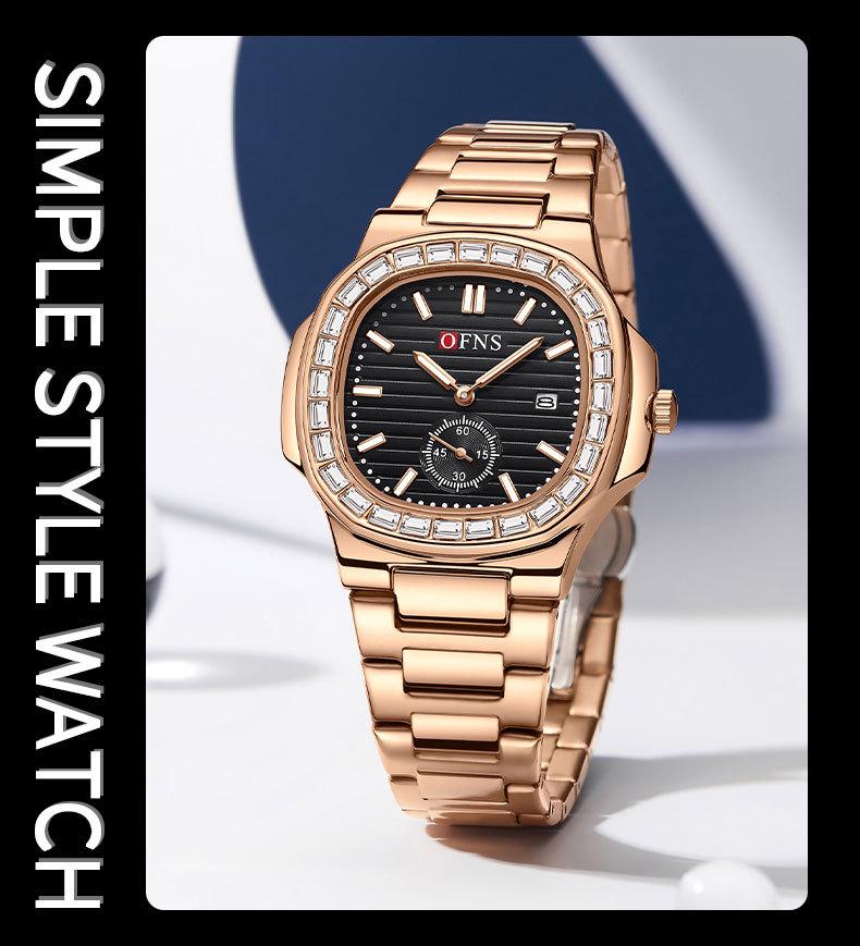 OFNS Men's Classic Quartz Watch: Square Diamond-Inlaid Dial, Dual Calendar, Waterproof, Two-Hand Design