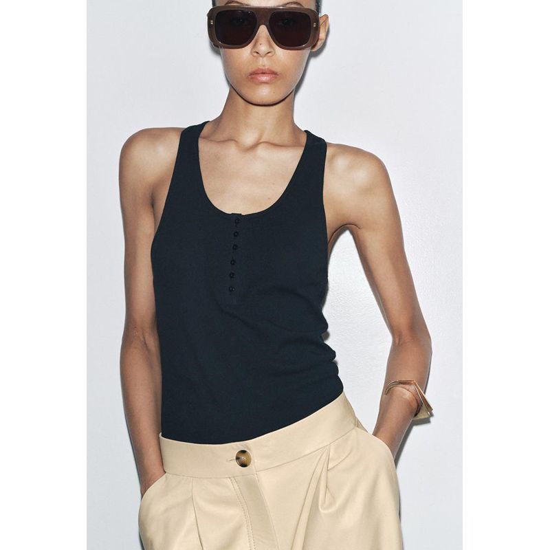 Summer New Product Women's Clothes French Simplicity Style Decorated Row Button Cotton Plaid Round Neck Sleeveless Tops 4786009