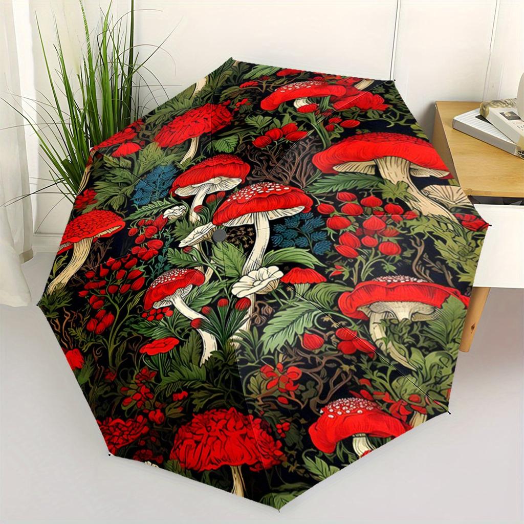 Automatic Open/Close Umbrella with Red Mushroom & Green Foliage Forest Design - Auto Folding Umbrella, Compact Travel Umbrella