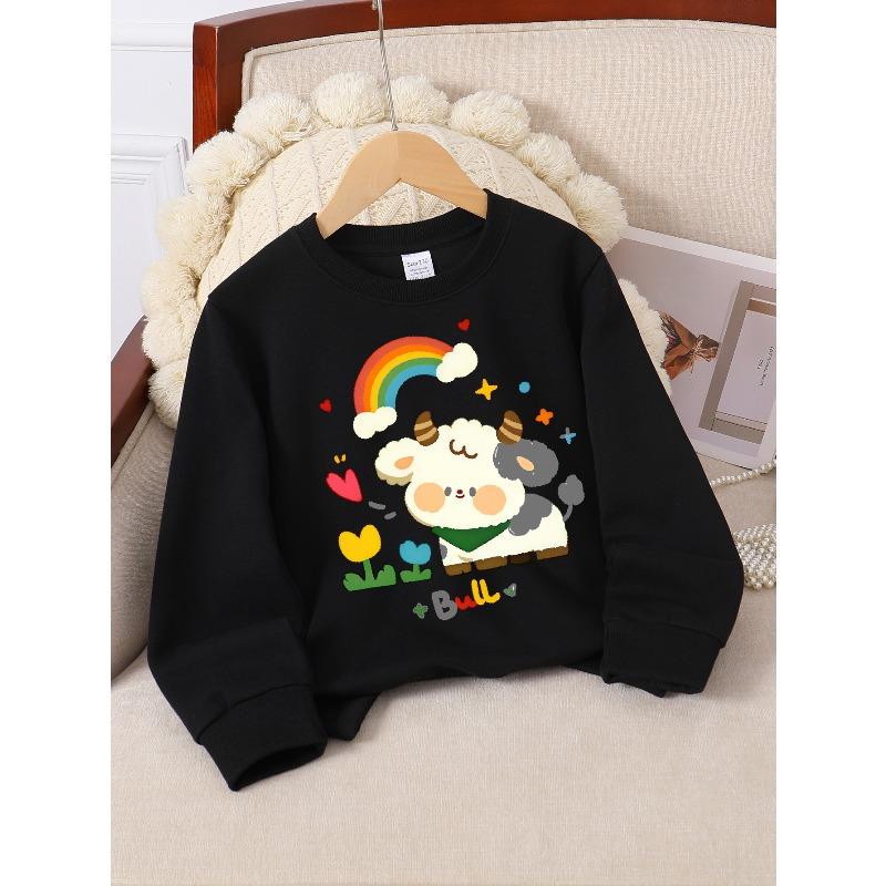 Girls Soft Crewneck SweatshirtCute Cartoon Bull Rainbow Print Design with Cute Creative Print, Casual All-Match for Fall Winter, Ideal Holiday Present