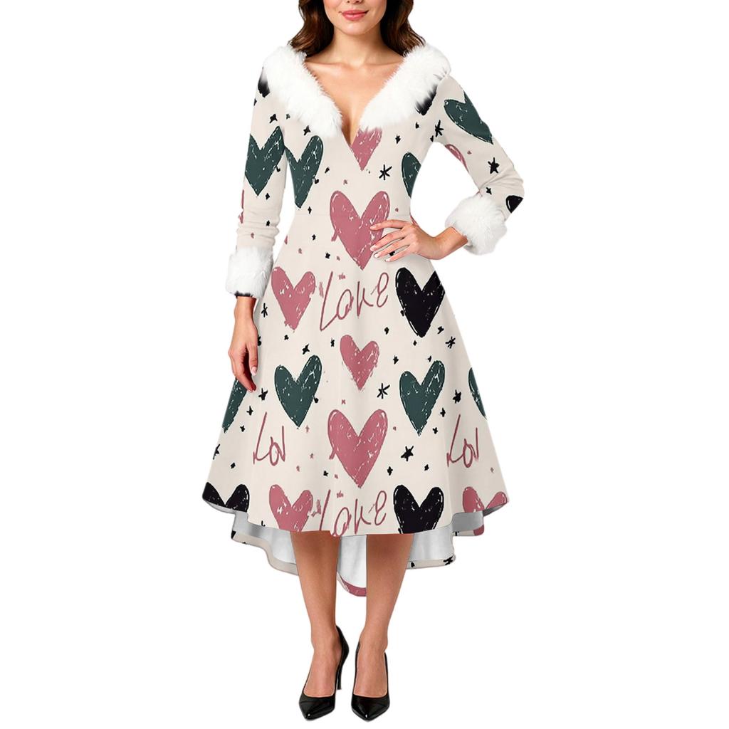 Damen stilvolles und elegantes langärmeliges V-Ausschnitt Kleid mit Valentinstags-Herzprint
