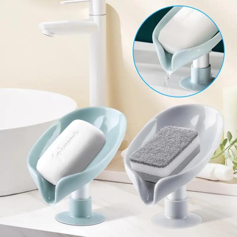 Leaf Shaped Soap Dish Holder Bathroom Nonslip Storage Holder Tray Soap Container Suction Cup Soap Dish Kitchen Sponge Drain Rack