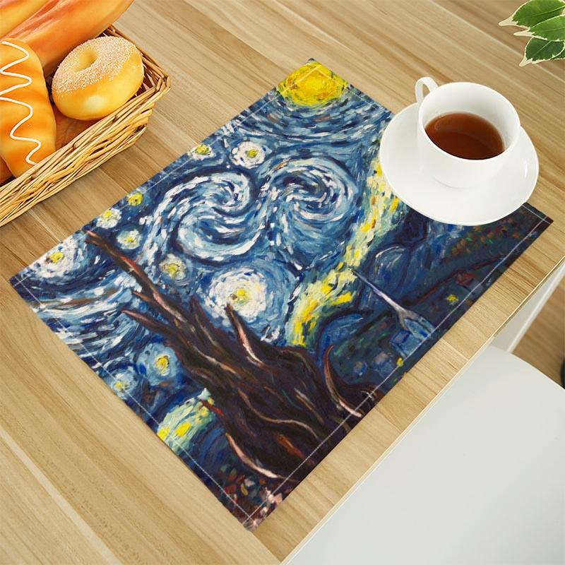 Van Gogh The Starry Night Print Linen Dining Table Mats Alphabet Kitchen Placemat 30X45cm Coasters Pads Bowl Cup Mat