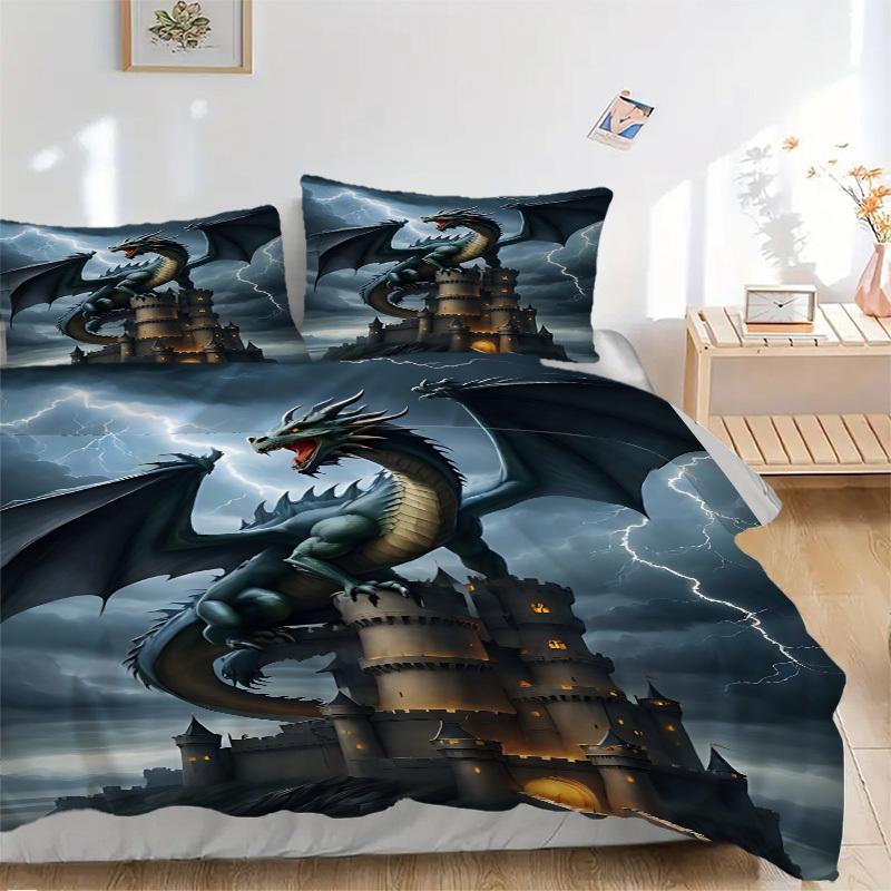 3pcs set Dragon Castle 1 Quilt Cover + 2 Pillowcases, All Seasons Bedroom Setting, Perfect for Home and Dorm Decor a200