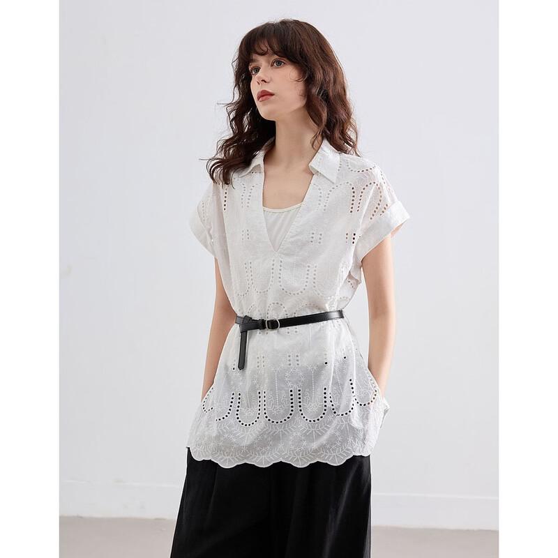 Demana Women's Pure Cotton Summer V-Neck Lace Short Sleeve Blouse with Contrast Belt