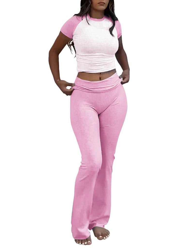 Women's Casual Workout Two-piece Set - Round Neck T-shirt & Low-waisted Flared Pants