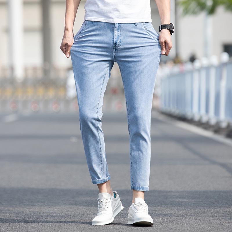 

Men s Elastic Nine-Point Jeans - 2024 Spring/Summer Casual Straight Leg Trousers 36 синій