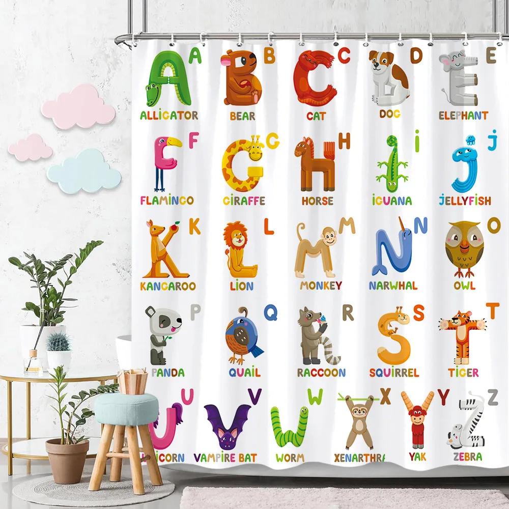 Cartoon Tier Alphabet Duschvorhang Kinder Abc Lernmittel Baby Mädchen Jungen Bunt Badevorhang Badezimmerdeko