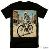 Vintage Skelett Radfahrer Grafik T-Shirt Kleinstadt Fahrrad Druck Baumwolle Kurzarm Lässig Unisex T-Shirt Retro Radsport Stil Oberteil