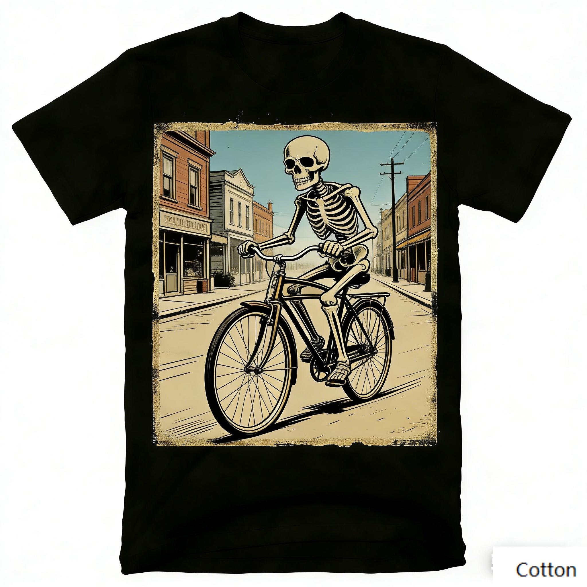 Vintage Skeleton Cyclist Graphic T-Shirt Small Town Bicycle Print Cotton Short Sleeve Casual Unisex Tee Retro Cycling Style Top S разноцветный