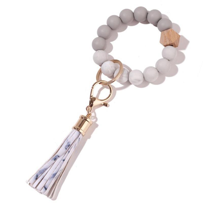 Stock Silicone Beads Elastic Bangle Bracelet Keychain Leather Tassel Silicone Beads Bracelet Wristlet Keychain for Women