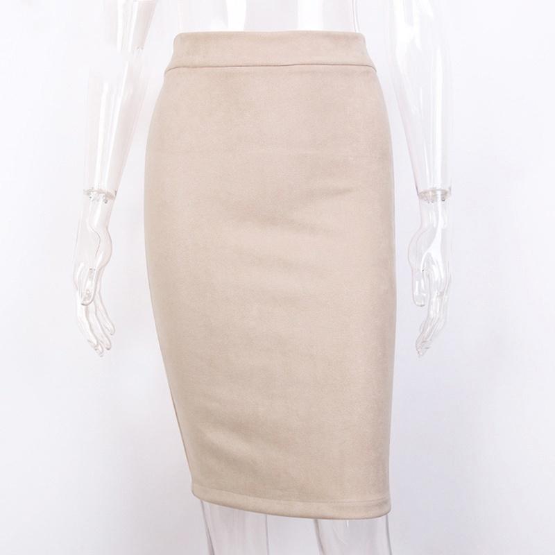 Women Split Vintage Suede Bodycon High Waist Knee Pencil Skirt Solid OL Office Elegant Skirts