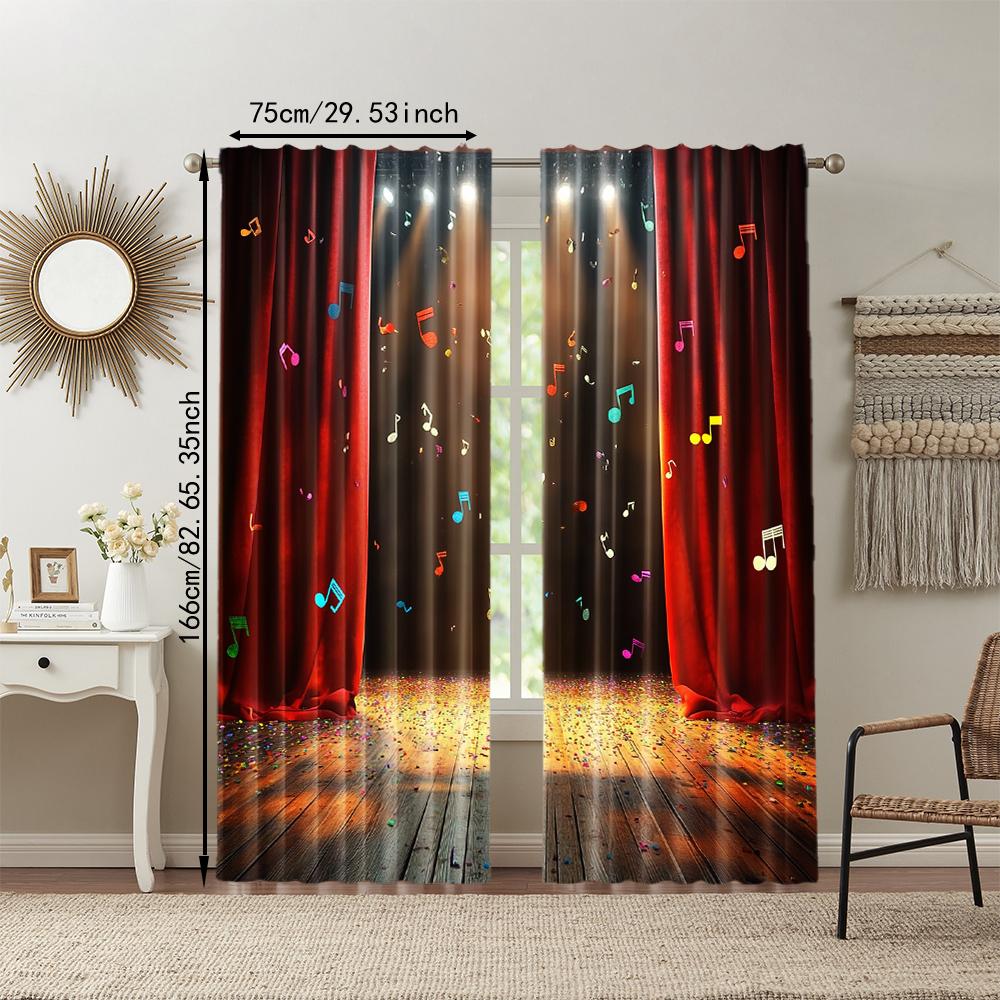 2 Pcs   Versatile Polyester Transparent Curtains for Home Decoration Red Curtain with Musical Notes for Use In Bedrooms and